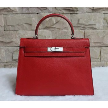 Hermes Kelly 32cm Epsom Leather Handbag Red Silver