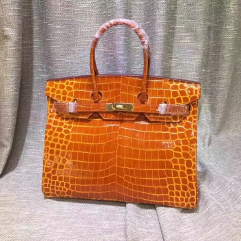 Hermes Birkin 35cm Handbag Crocodile Leather Orange Gold