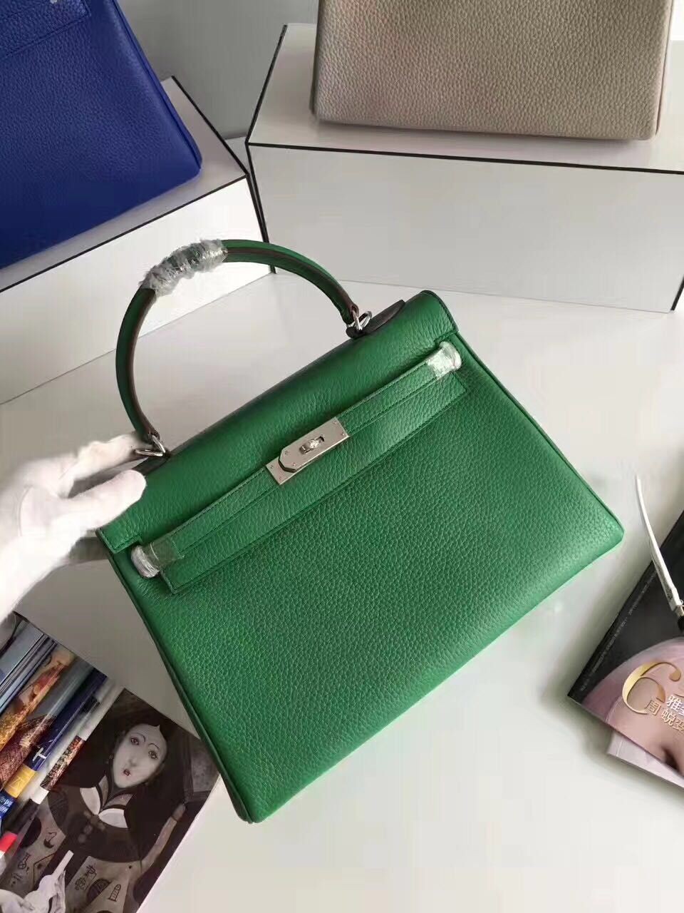 Hermes Kelly 32cm Togo leather handbag green silver