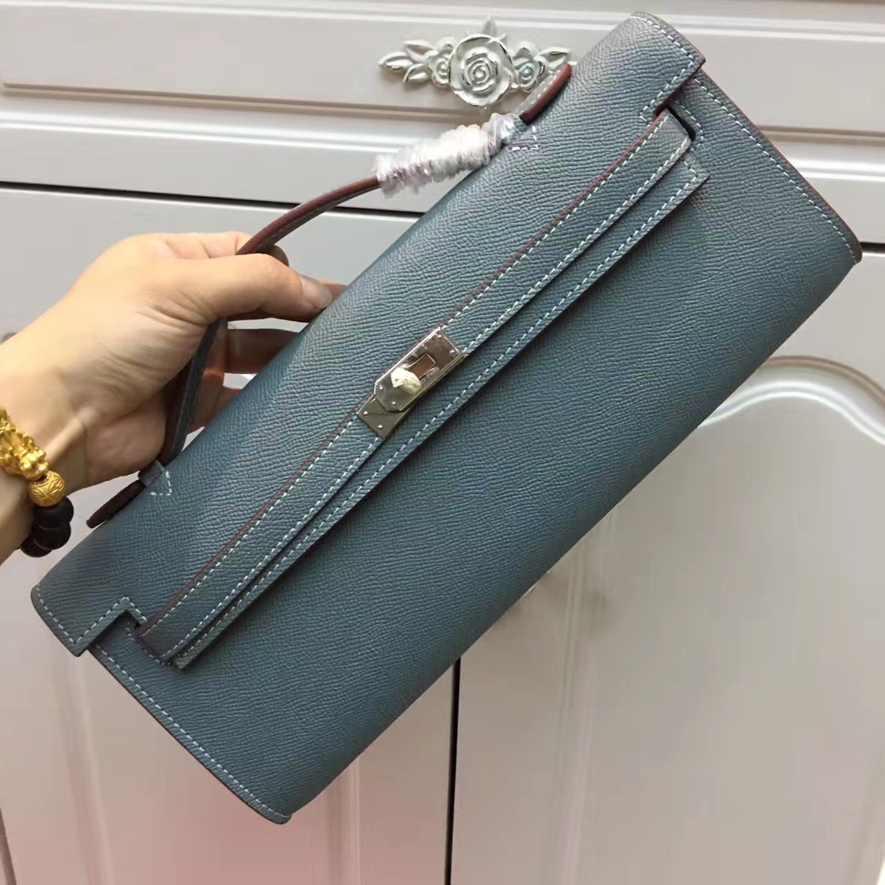 Hermès Kelly Cut Clutch Bag Blue Epsom Leather