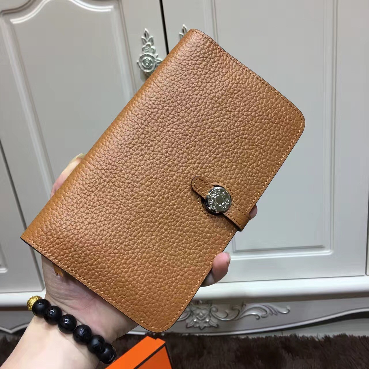 Hermes Light Coffee Leather Ostrich Veins Dogon Wallet
