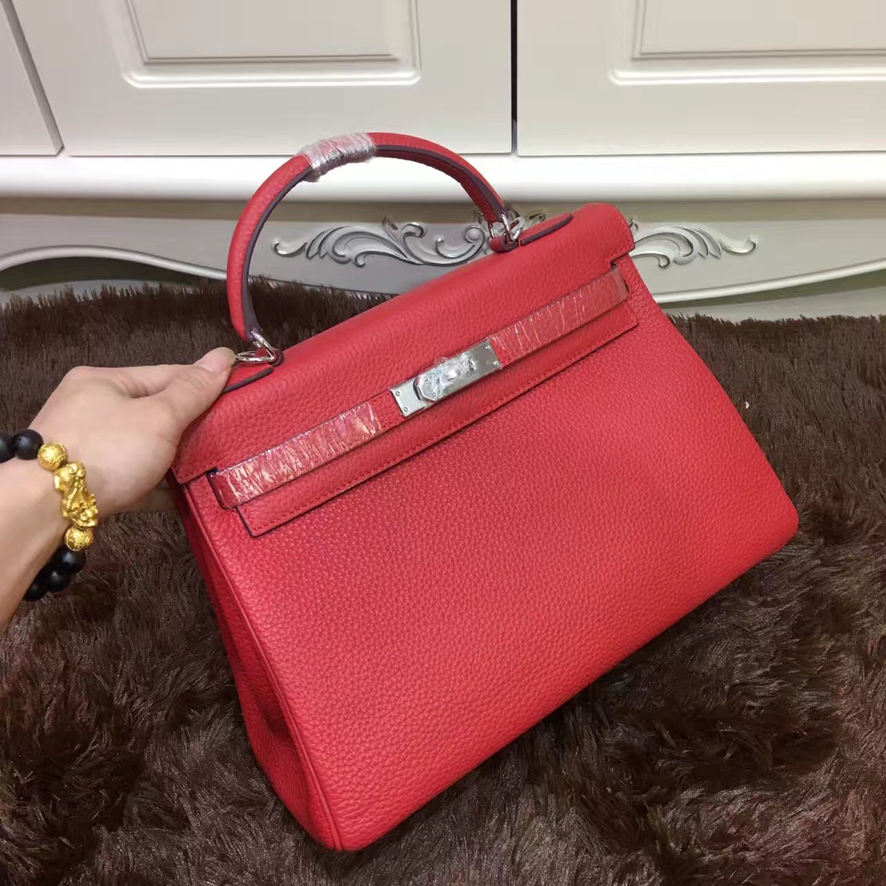 Hermes Kelly 32cm Togo leather handbag red silver
