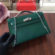 Hermes Mini Kelly 22cm Epsom Leather Green Silver With Chain Strap