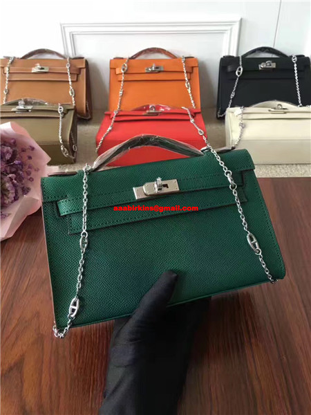 Hermes Mini Kelly 22cm Epsom Leather Green Silver With Chain Strap